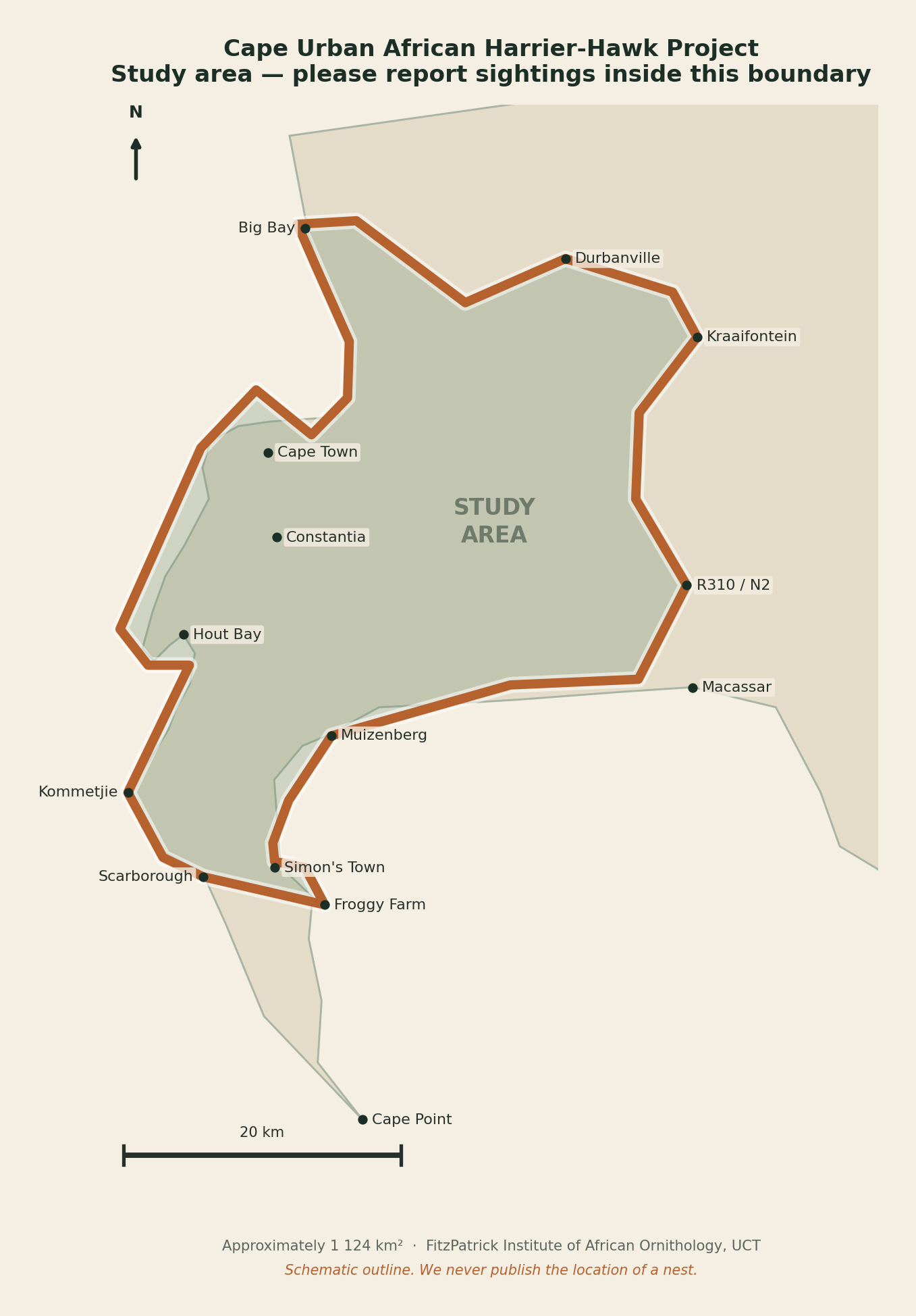 Map of the Cape Metro showing the study area boundary, from Froggy Farm north along the False Bay coast to Macassar, inland to Durbanville, west to Big Bay, then south along the Atlantic coast round Hout Bay and Kommetjie to Scarborough